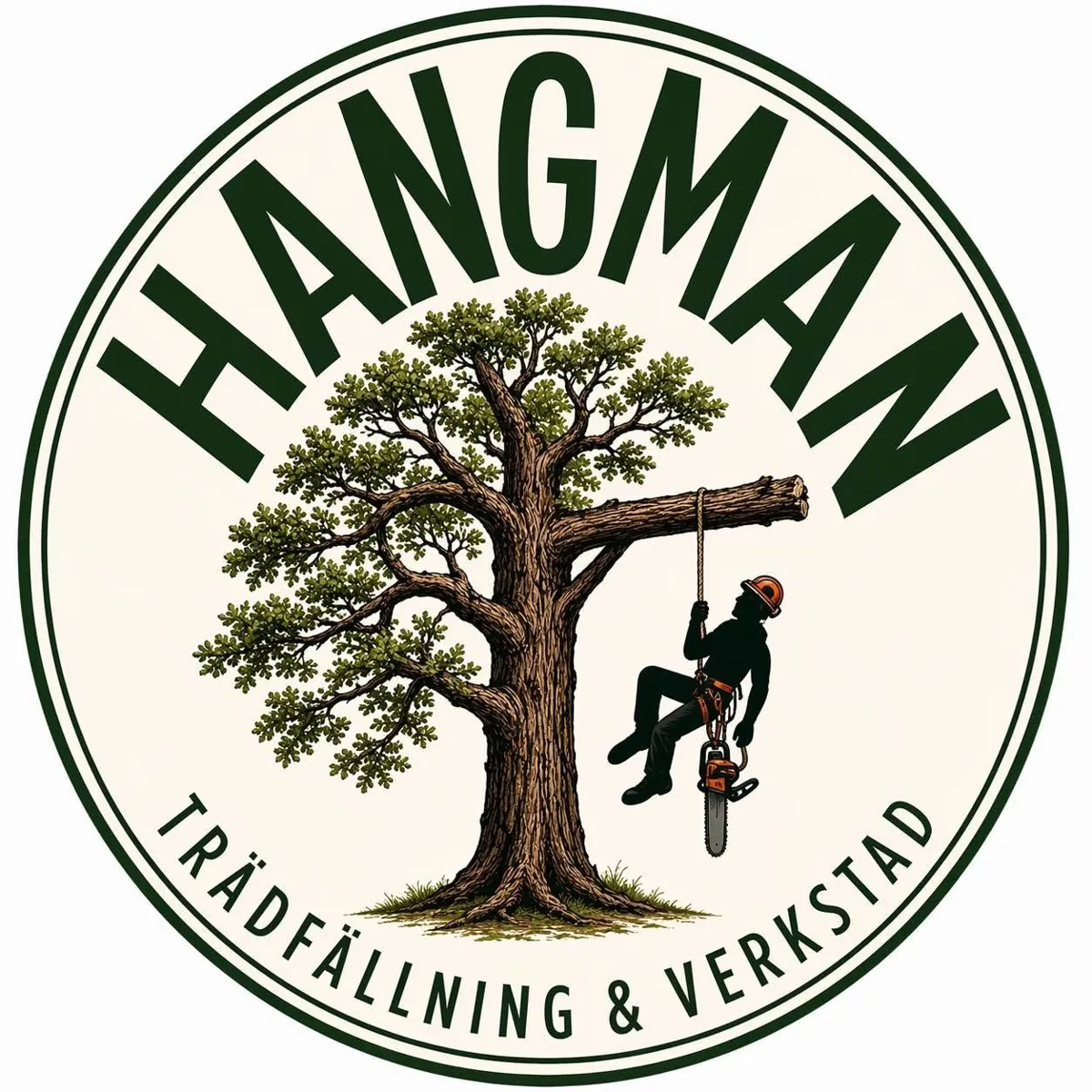 Hangmans logotyp: en ek med en klättrare i rep och texten Hangman trädfällning och verkstad